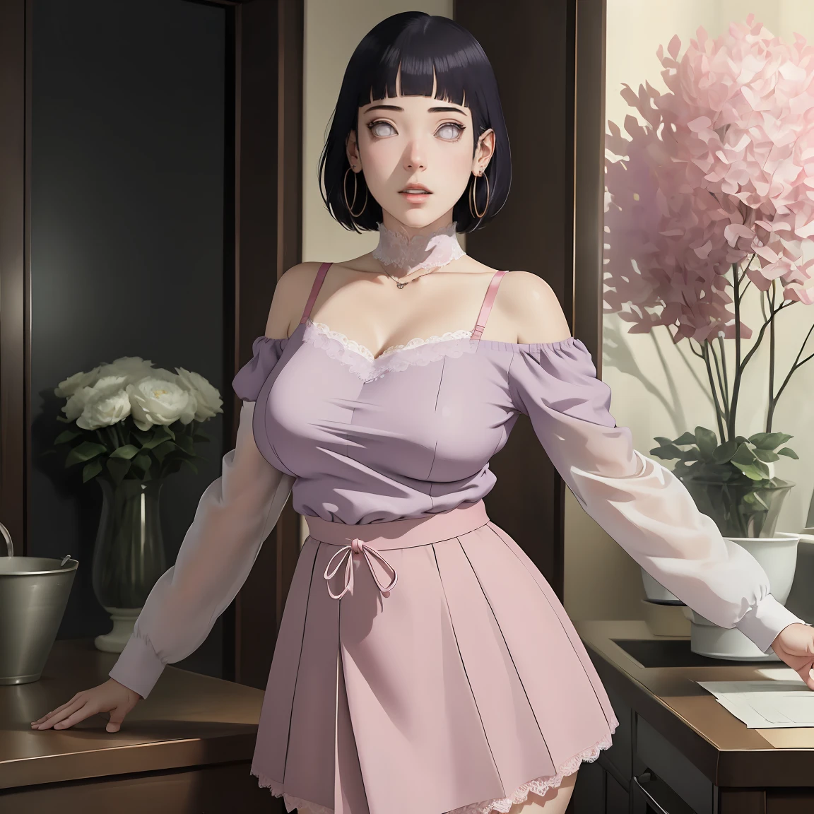 (work of art) (Huge breasted, work of art, absurderes, hinata\(boruto\), 1 girl, standing alone,mature woman, off the shoulder bra, high waist short skirt, looking at the petals), perfect composition, detailded lips, large breasted, beautiful face, body proportion, blush, (pink lips), shorth hair, purples eyes, gentle look, super realistico, detailded, photoshoot, realistic face and body, dancing lightly, Lilac Eyes, whole body, Lace Clothes, with large hoop earrings
