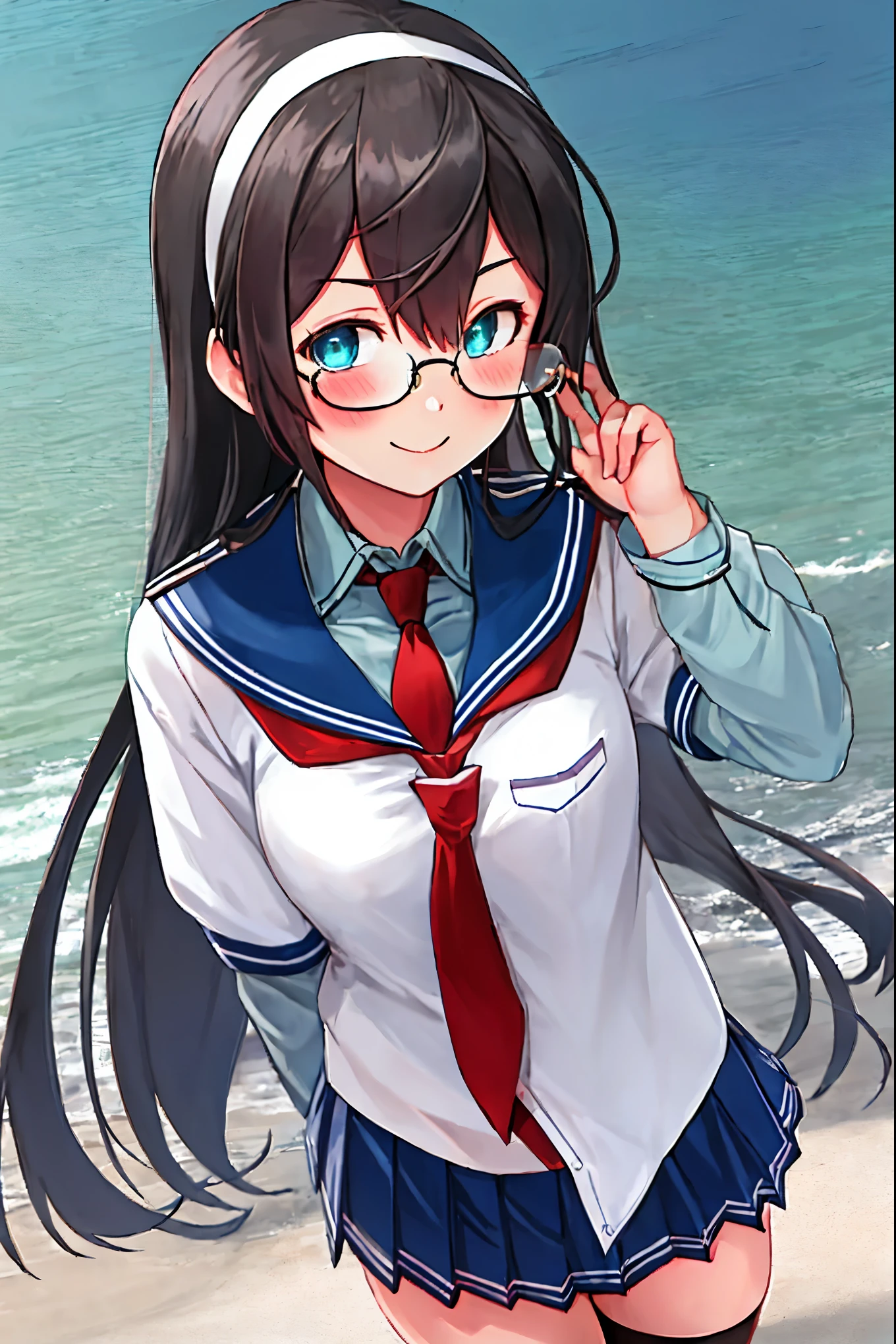 best quality, masterpiece, highres, solo, {ooyodo_kantaicollection:1.15}, black_hair, long_hair, glasses, hairband, semi-rimless_eyewear, under-rim_eyewear, blue_eyes, green_eyes, blush,small_breasts, 1girl, school_uniform, serafuku, pleats_skirt, looking_at_viewer, necktie, harbor_town_background, red_necktie,(angry:0.7),smile,,thigh-highs,solo