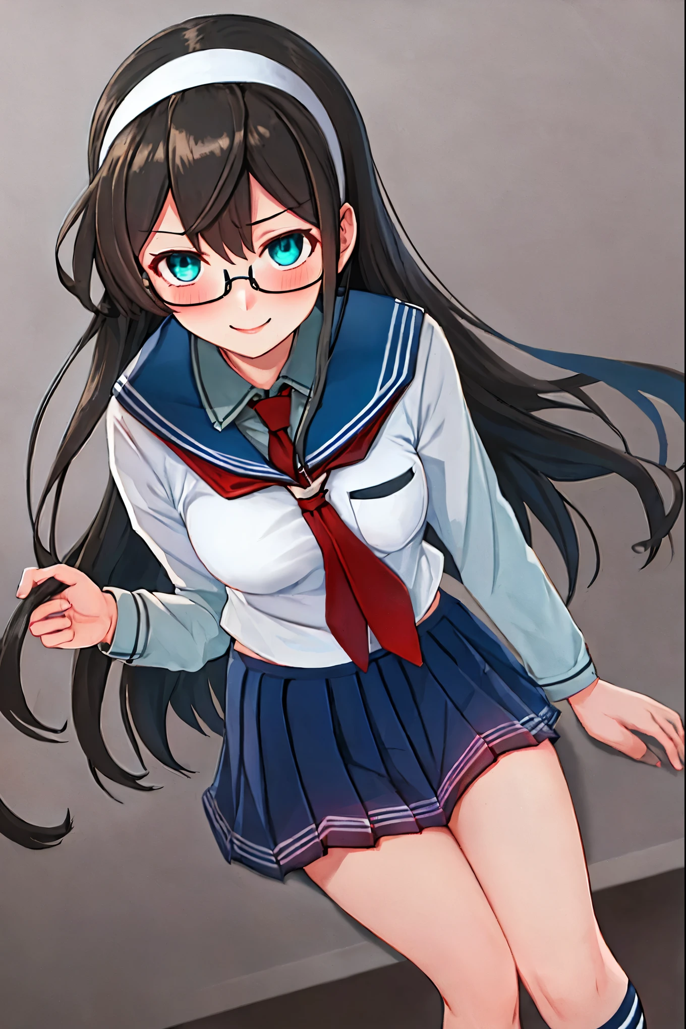 best quality, masterpiece, highres, solo, {ooyodo_kantaicollection:1.15}, black_hair, long_hair, glasses, hairband, semi-rimless_eyewear, under-rim_eyewear, blue_eyes, green_eyes, blush,small_, 1girl, school_uniform, serafuku, pleats_skirt, looking_at_viewer, necktie, harbor_town_background, red_necktie,(angry:0.7),smile,,thigh-highs,solo