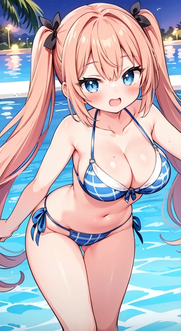 side tie panties,,masterpiece, highest quality, (anime screencap:1.3),(shape), cute,(simple:1), (anime:1.2),Solo Sharp Focus, 1 girl, cleavage,looking at the viewer, nighttime pools,Are standing,on Beer,(NSFW:1.2),Colorful bikini,pastel colour bikini,beautiful hair,Horizontal stripes,heart shaped pupils,plaid pattern bra, plaid pattern panties,(vivid and detailed Tropicaldrink1.1),cute eyes,puffy eyes,seductive pose,Beaming face,large breasts,Twintail hair,heart shaped sunglasses on head,cheerful