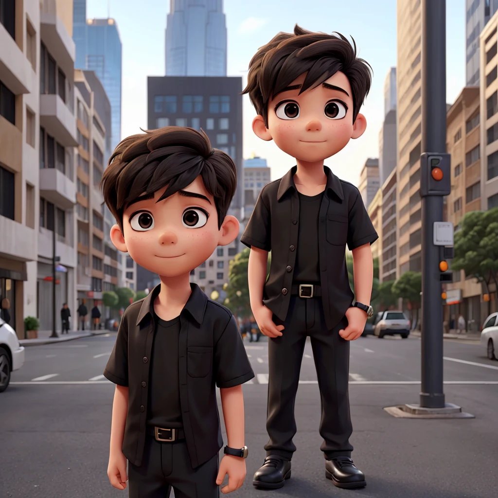 A young boy in black shirt in city