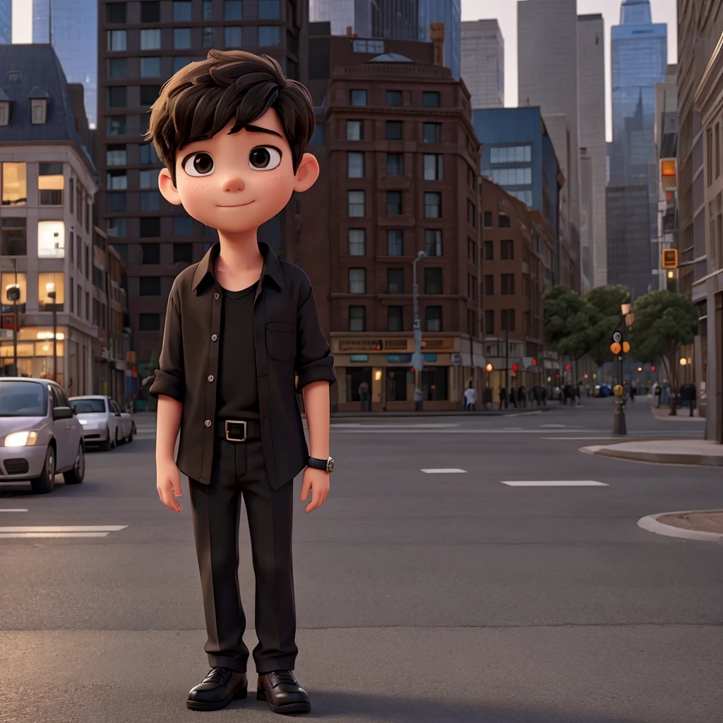 A young boy in black shirt in city