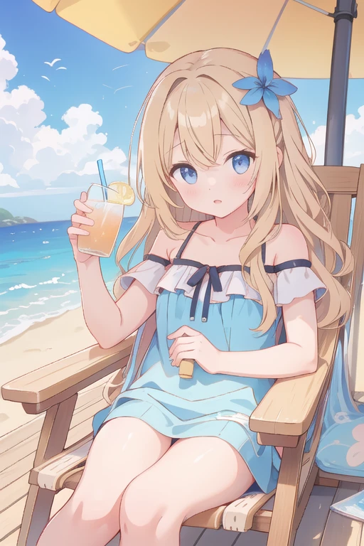 A young girl around 12 years old、Long wavy blonde hair、Relax on a deck chair under a beach umbrella、There is a drink on the side table