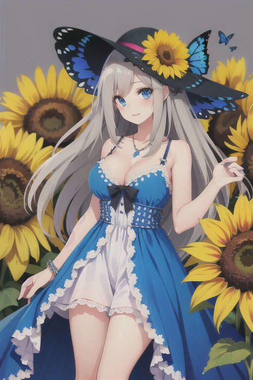 lexington \(warship girls r\),((Best quality))),((Ultra-detailed)),((illustration)),((Disheveled hair)),((frilld)),(1 girl),(Solo),
1girl, blue butterfly, blue eyes, blue flower, bracelet, breasts, bug, butterfly, butterfly hair ornament, butterfly on hand, cleavage, dress, flower, glowing butterfly, grey background, hat, holding flower, jewelry, long hair, solo, sun hat, sunflower, white butterfly, yellow butterfly, yellow flower, gray hair
