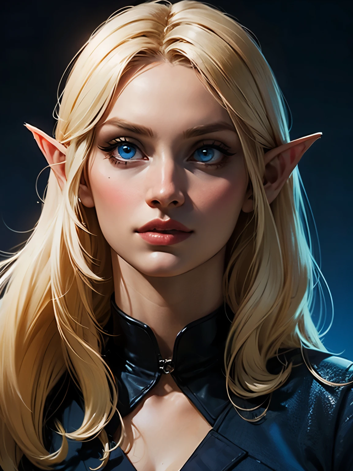  beautiful blond elven woman in her 30s, with blue eyes and striking features, exuding maturity and allure in a seductive pose.(dark-blue background), pointy ears, glowing eyes, beauty, blond long hair,blond short hair ,blond medium hair ,an14