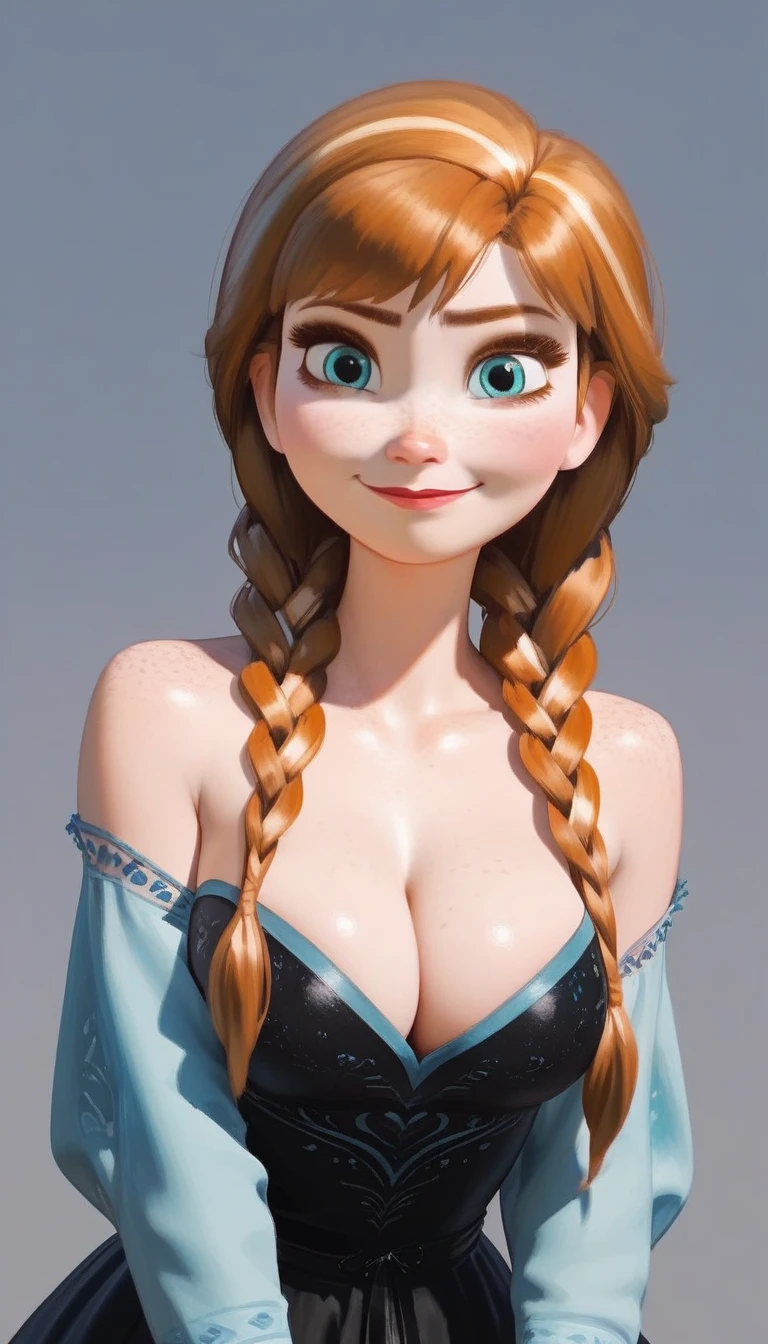 score_9,score_8_up,score_7_up,score_6_up,score_5_up,score_4_up,1girl, (anna frozen, twin braids), (smile:0.6), freckles,black off shoulder dress,cleavage, breast focus, big breasts, in dark room, dynamic angle