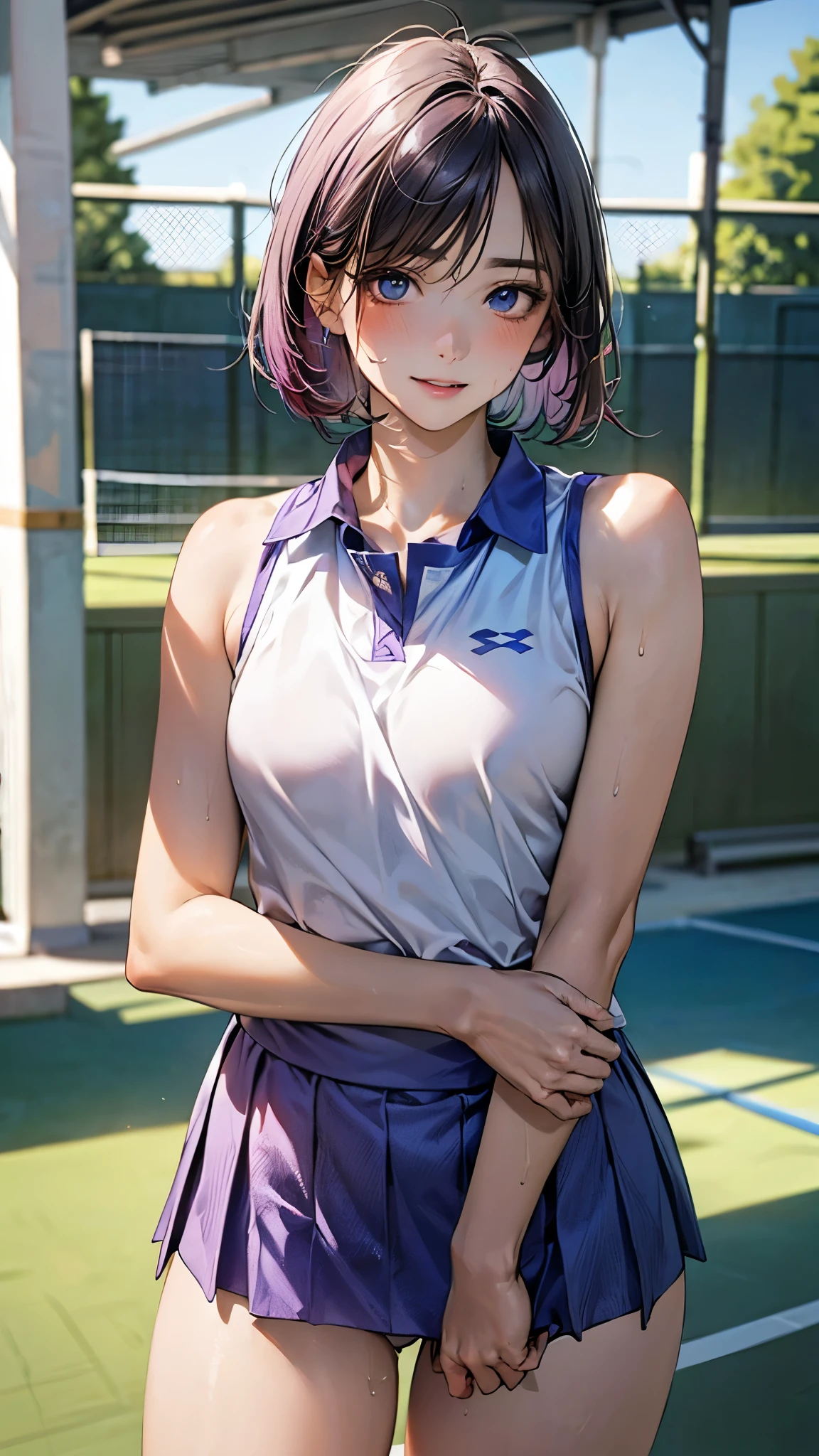 (masterpiece:1.2, top-quality), (realistic, photorealistic:1.4), beautiful illustration, (natural side lighting, movie lighting), depth of fields, ,
beautiful detailed hair, beautiful detailed face, beautiful detailed eyes, beautiful clavicle, beautiful body, beautiful chest, beautiful thigh, beautiful legs,
looking at viewer, 1 girl, , (perfect anatomy, anatomically correct, super detailed skin), cute and symmetrical face, perfect face, perfect eyes,
(short hair, bob cut, purple hair), parted bangs, break blue eyes, big eyes, long eye lasher, (medium breasts, seductive thighs), perfect body, shiny skin, pink skin,
(blue tennis uniform, sleeveless, white panties), thin legs, thin waist, sweat,
(beautiful scenery), (school tennis court:1.2), standing, (light smile, parted lips),