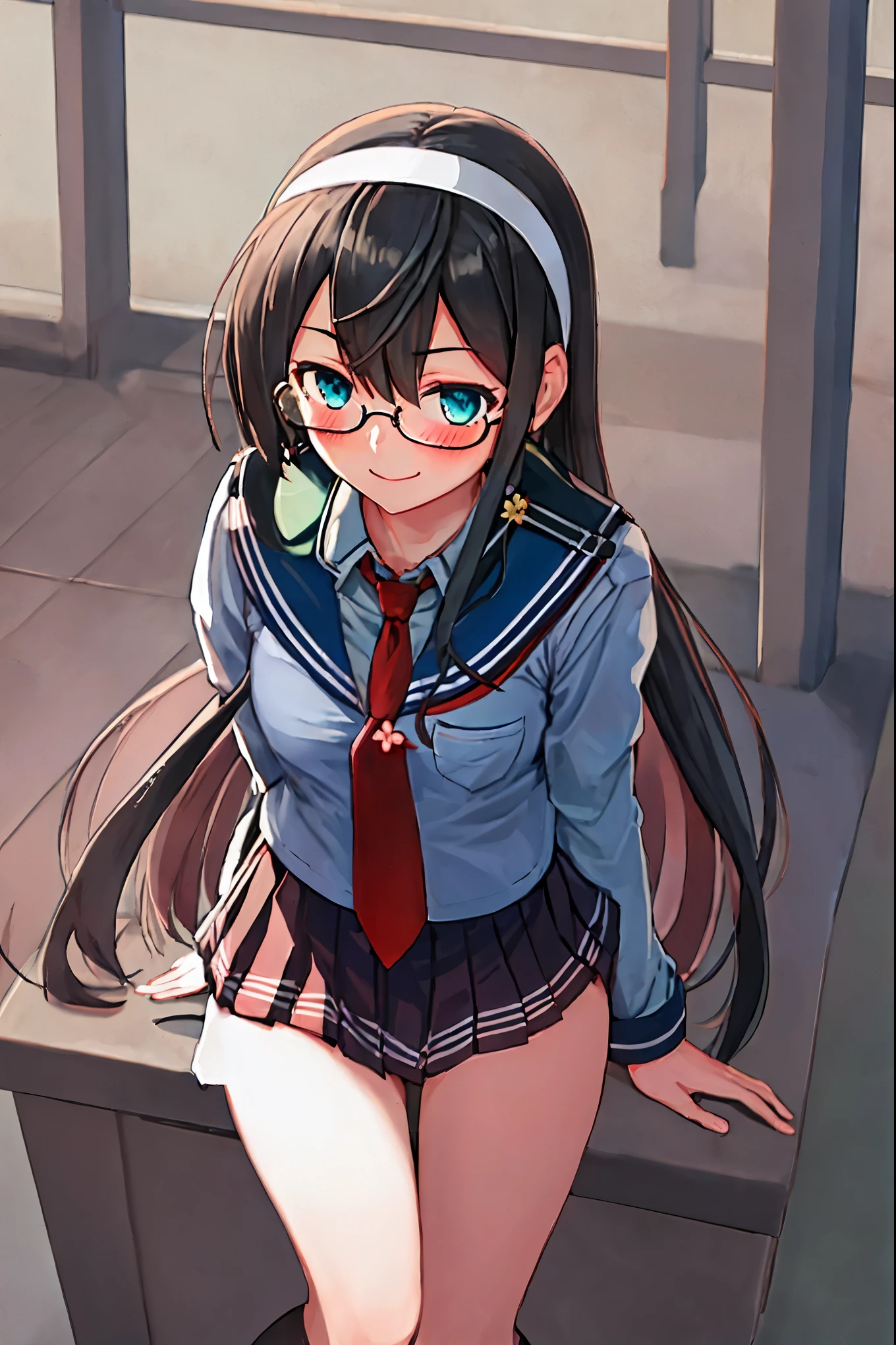 best quality, masterpiece, highres, solo, {ooyodo_kantaicollection:1.15}, black_hair, long_hair, glasses, hairband, semi-rimless_eyewear, under-rim_eyewear, blue_eyes, green_eyes, blush,small_breasts, 1girl, school_uniform, serafuku, pleats_skirt, looking_at_viewer, necktie, harbor_town_background, red_necktie,(angry:0.7),smile,,thigh-highs,solo