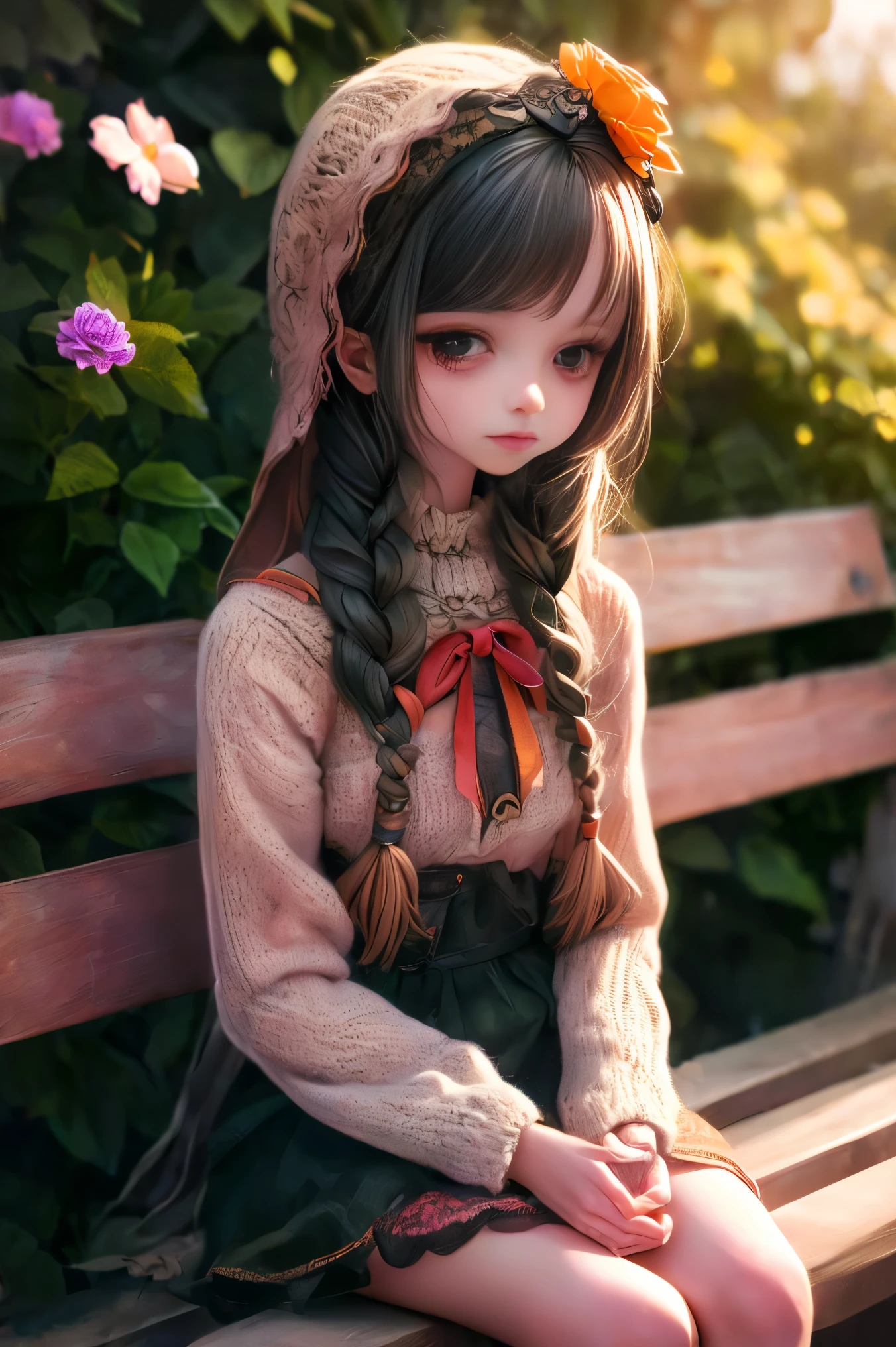 CG K Ultrarealistic ,((premium、8k、32K、masterpiece、NffSW:1.3)), (superfine illustration)、(super high resolution), (((adult body))), (masterpiece, Best Quality:1.2),a beautiful girl,Skin details processing.....,The eyes are finely described.....,delicate hair,long wavy hair,long light hair,She has a big bow on her head....,Modern clothing ,violet rose, yellow and green,clean background