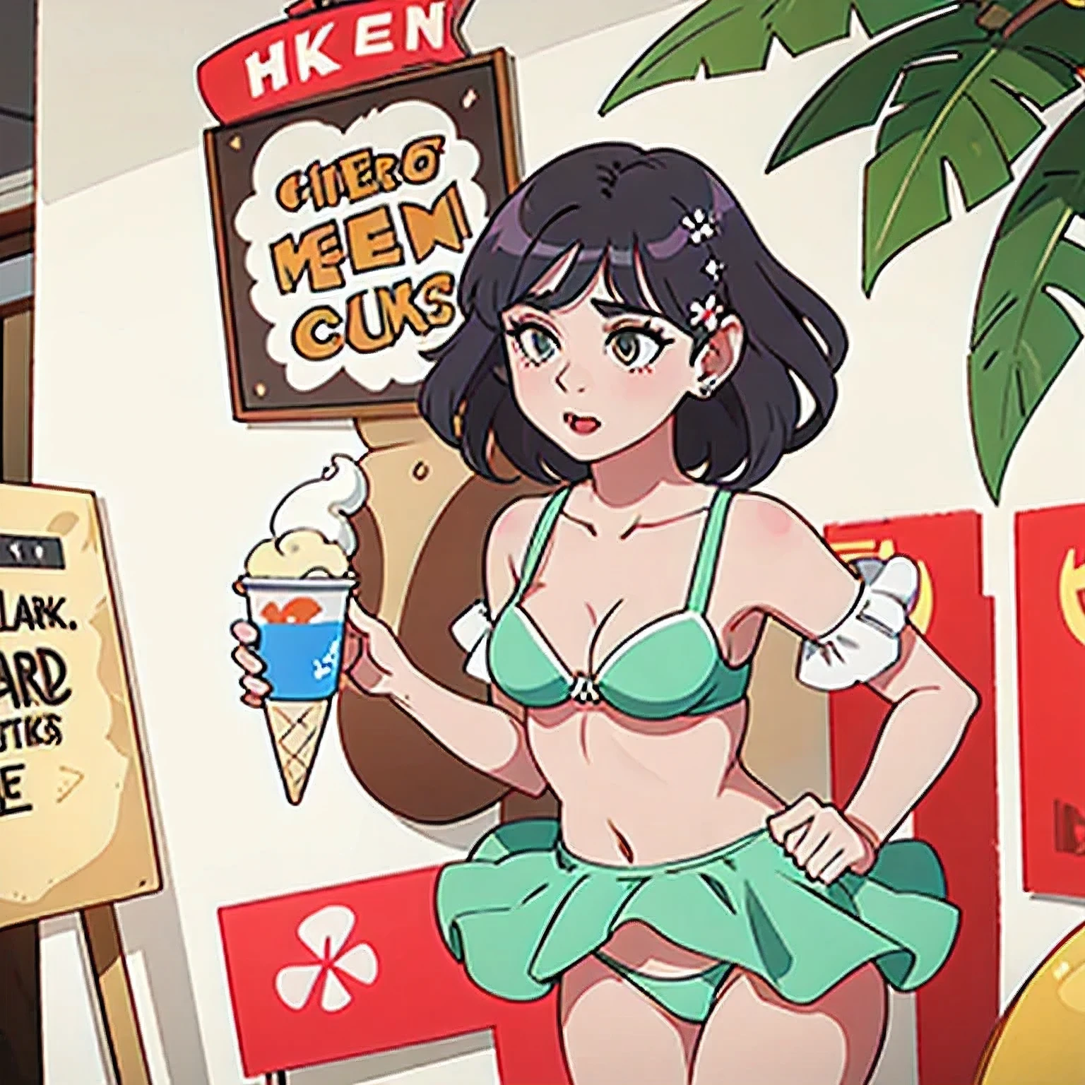 girl in a bikini eating an ice cream cone, eating ice cream, in a bikini, angela white, giorgia meloni, katy perry, in bikini, eating ice - cream, wearing spandex bikini, ice cream on the side, bikini, ice cream, wearing a bikini, candid photo of dirty, shiny plastic bikini, candid shot, cone, 1 girl, solo,in a green dress standing by a wall,portrait of female idol