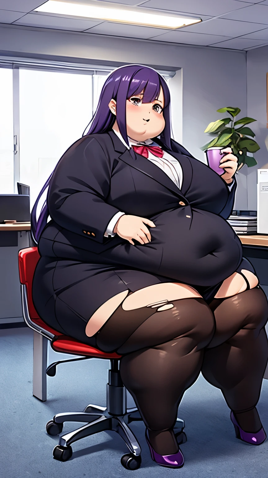 very obese Woman, bright purple hair, extremely long hair, wearing a office suit, dark red suit, tight clothes, ripped tights, holding a large bag of chips, wearing a large pencil skirt, ripped, very fat face, double chin, holding a mug, sitting on a massive office chair, hanging belly, , saggy breasts, saly