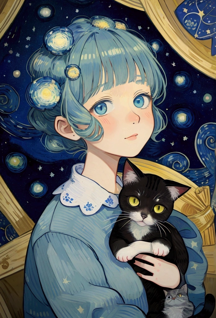 A parody of Van Gogh&#39;s Starry Night, featuring a cat&#39;s face among the stars