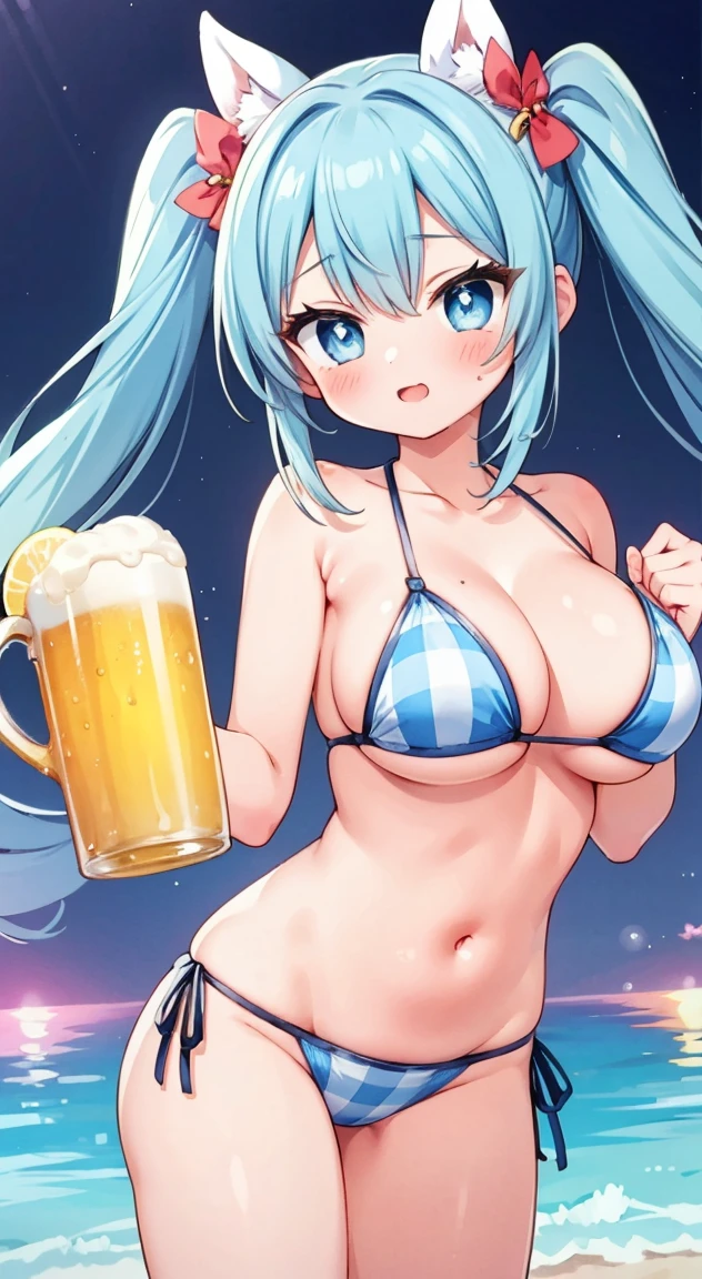 side tie panties,,masterpiece, highest quality, (anime screencap:1.3),(shape), cute,(simple:1), (anime:1.2),Solo Sharp Focus, 1 girl, cleavage,looking at the viewer, nighttime pools,Are standing,on Beer,(NSFW:1.2),Colorful bikini,pastel colour bikini,beautiful hair,Horizontal stripes,heart shaped pupils,plaid pattern bra, plaid pattern panties,(vivid and detailed Tropicaldrink1.1),cute eyes,puffy eyes,seductive pose,Beaming face,large breasts,Twintail hair,heart shaped sunglasses on head,cheerful