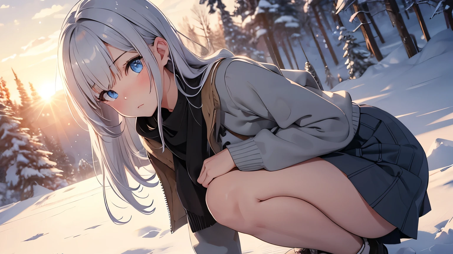 Snowfield,One Girl,sunrise,Blue Eyes,Gray Hair,skirt,blush,Breast size is C cup,Looking to the side,Crouching down and looking at me,The sun is shining on the girl's left side,Hair length is semi-long