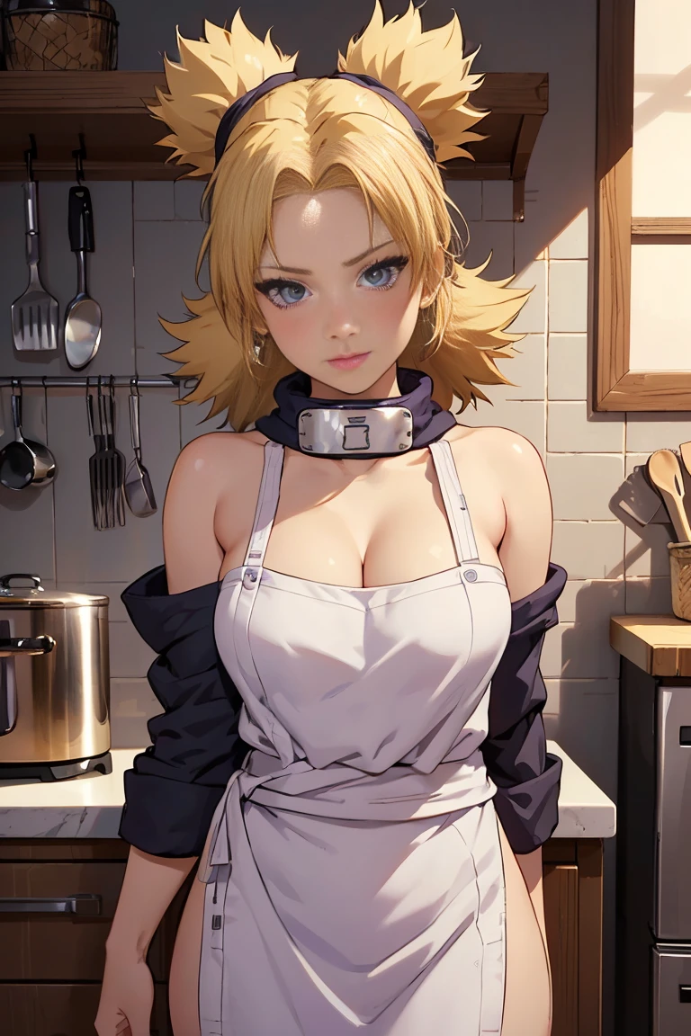 (Temari), ((((masterpiece, best quality, high resolution)))), 1girl, blonde hair, purple eyes, average breasts, blush, light smile, parted lips, glow, thighs, nipple, groin, bare shoulders, collarbone, narrow waist, cleavage, (masterpiece), (beautiful detailed face, beautiful detailed eyes), (naked apron, kitchen, arms behind back,)