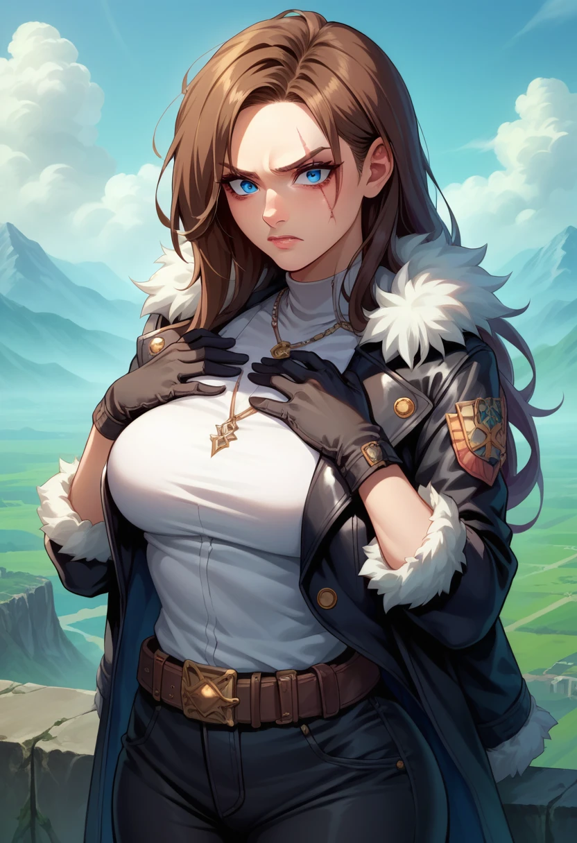 score_9, score_8_up, score_7_up, 1girl, solo, (female:1.5),female focus, female body, squall, necklace, brown hair, long hair, gloves, white shirt, blue eyes, shirt, black gloves, jacket, black jacket, fur trim jacket, black pants, belt,breasts, scar, diagonal scar, scar on face, parted bangs, angry, hands on chest, hands own chest, standing, looking down, landscape,