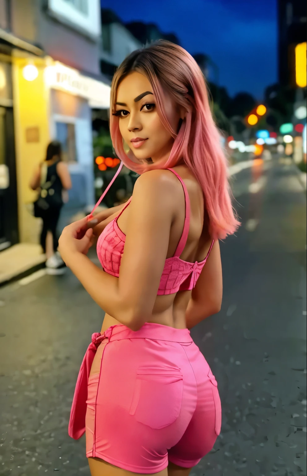 Beautiful woman, street at night with lights, fiddling with smartphone, hot pants, fragrant pink flowers, passers-by, gradation of night scene, fine details, subtle tones, tranquility floating on the screen.  