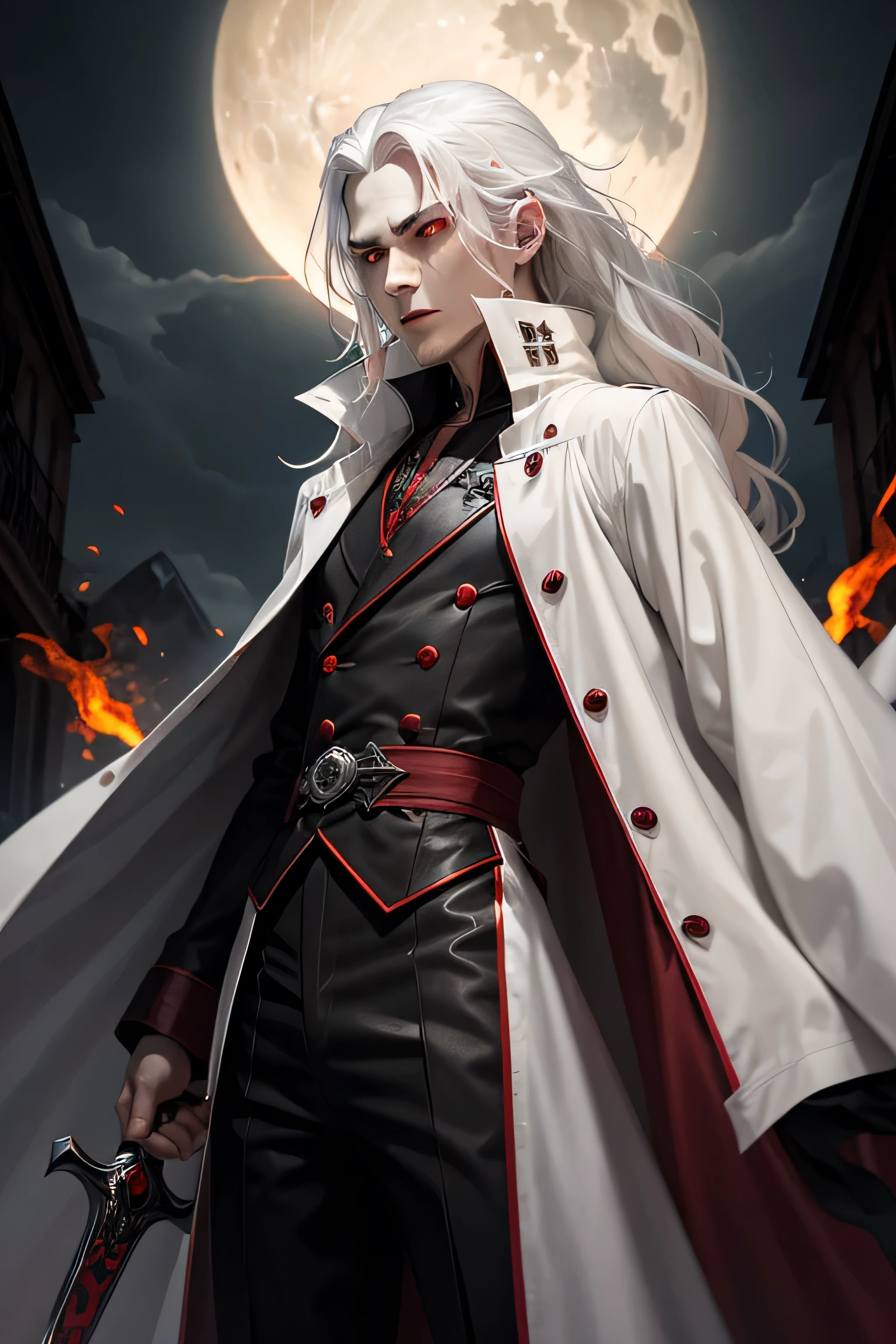 vampire cries blood red eyes awakens his power long wavy white hair black trench coat long sharp claws showing fangs full body full moon yellow color long sword black color damaged clothing family seal fire coming out of the body 