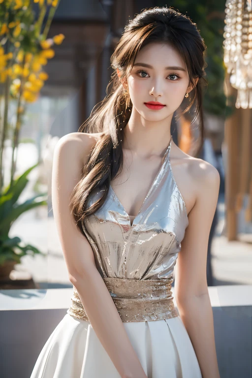 high quality work，realistic works，Super premium graphics，8K HD CG works，High quality graphics，High-definition and exquisite CG works，10x the pixels，Ultra-fine details：1.1，Advanced technical details：1.1Realistic photo effects，室内灯Light Effect果：1.5，natural soft light：1.5. Light Effect（虚拟灯Light Effect果：1.8），Ultra-high resolution，straight dress，Long silver hair，silver hair，transparent hair，High detail hair（Premium hair details：1.1）Clear eyes，Double eyelids look good，sharp eye makeup, Create exquisite eyelash makeup, thin eyebrows, super detailed eyes，high nose, cute red lips, rosy cheeks, Exquisite makeup on the face , Nice face, Perfect face proportions,（Advanced facial details：1.3)，Luxury dress collection，tight long skirt，Summer sexy butt-wrapped fishtail sleeveless commuter maxi skirt，clothes look good，(ever-changing high fashion collections:1.5)，dress photography，Authentic clothing creations，In the banquet hall，female artwork，Wear on the whole body，Realism，Amazing cleavage，My eyes are very bright today