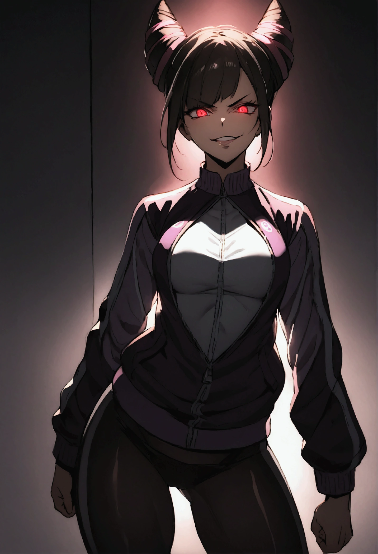 beautiful young fitness woman with , in a gym wearing May with black pantyhose, tight white and purple gym jacket. standing alone,hair horns,red eyes glowing,Evil smile,legging preto ,labiaa,dark eye shadow,shining eyes
