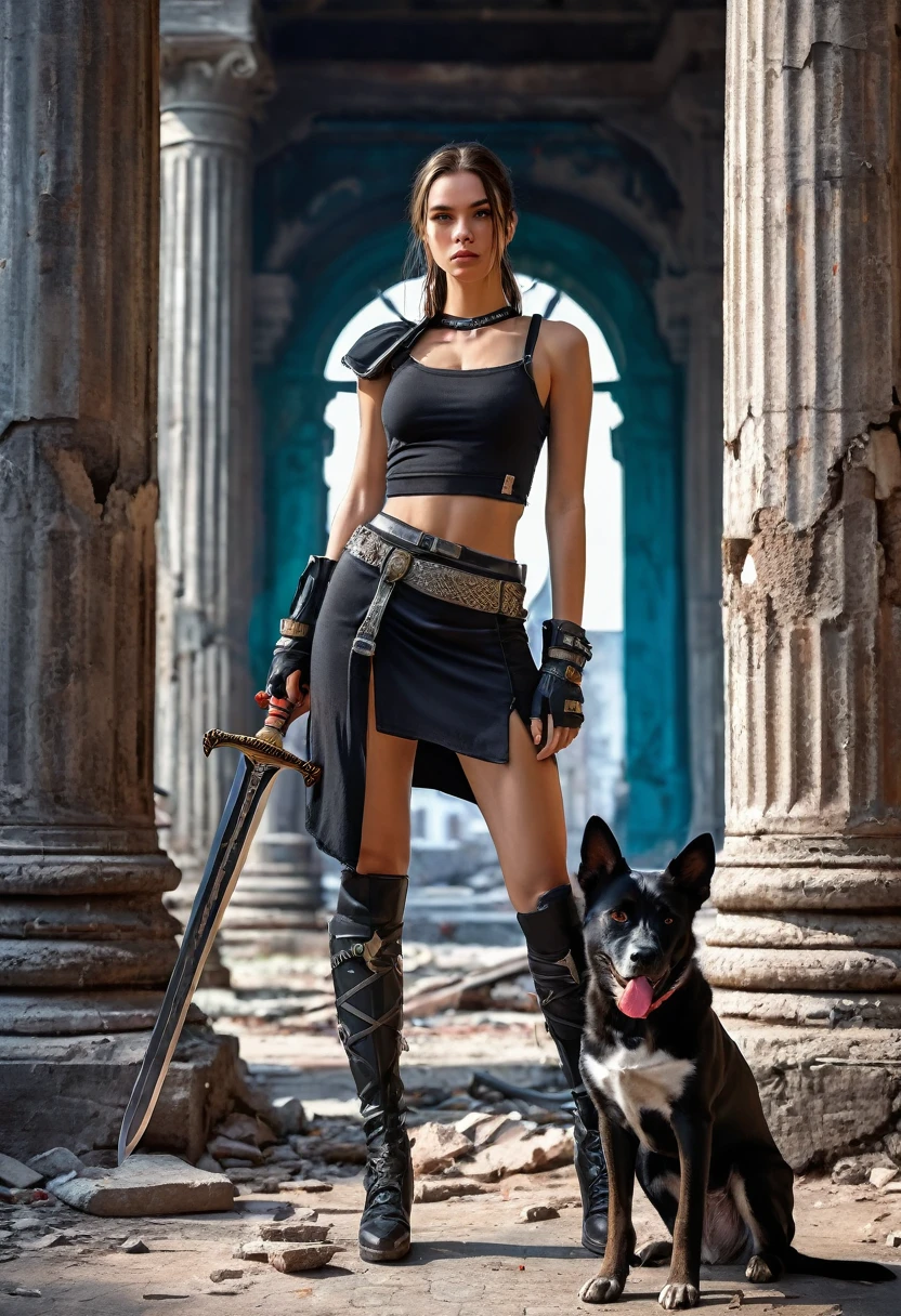 beautiful young woman, tight open gamer outfit, elegant pose with sword, black Rockwell dog at her side, ruined old building background with broken large pillars, bright vivid colors, UHD, hyperrealistic, detailed, photorealistic