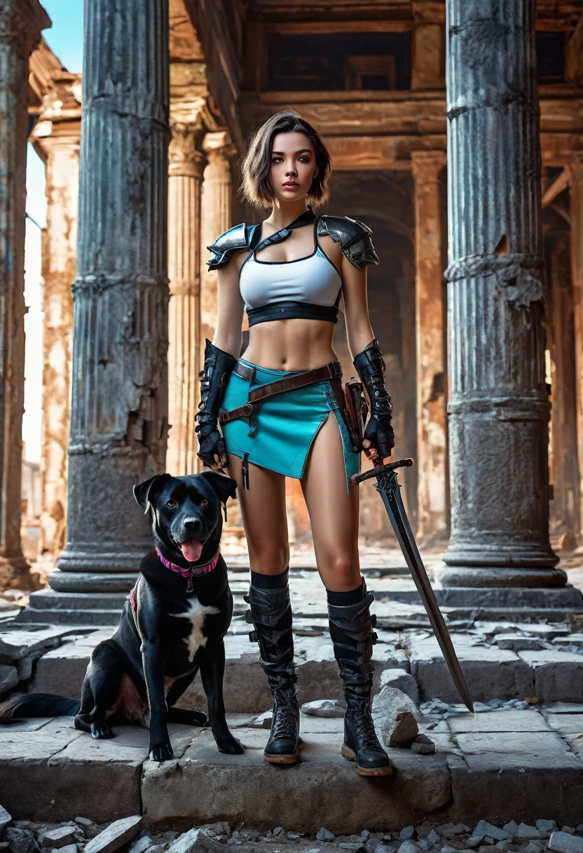 beautiful young woman, tight open gamer outfit, elegant pose with sword, black Rockwell dog at her side, ruined old building background with broken large pillars, bright vivid colors, UHD, hyperrealistic, detailed, photorealistic