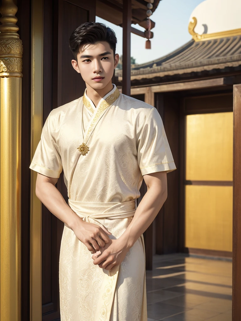 (10,masterpiece,There's nothing wrong with it..., Realistic :1.3), bestquality, portrait , Realistic, 1 Handsome chinese slim guy, 20 years old, Hair combed smoothly, (thai tradition dress), golden jewelry, white dress , ( comfortable:1.2), temple background, (breeze:1.2),(sun lighting:1.2)
