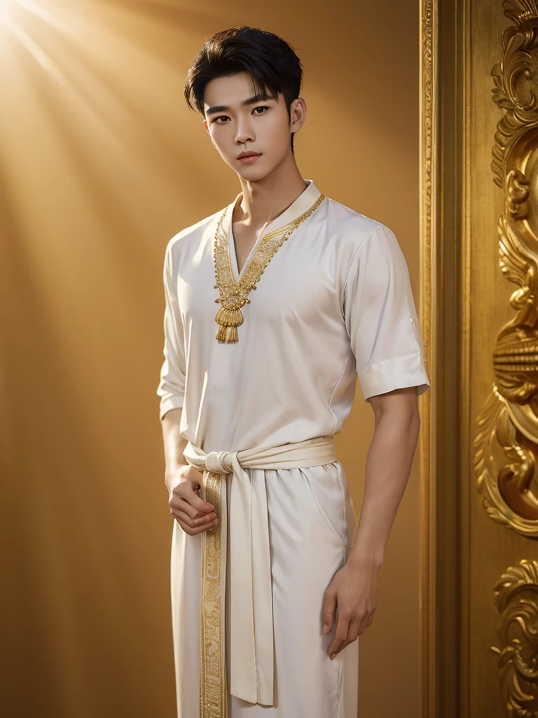 (10,masterpiece,There's nothing wrong with it..., Realistic :1.3), bestquality, portrait , Realistic, 1 Handsome chinese slim guy, 20 years old, Hair combed smoothly, (thai tradition dress), golden jewelry, white dress , ( comfortable:1.2), temple background, (breeze:1.2),(sun lighting:1.2)