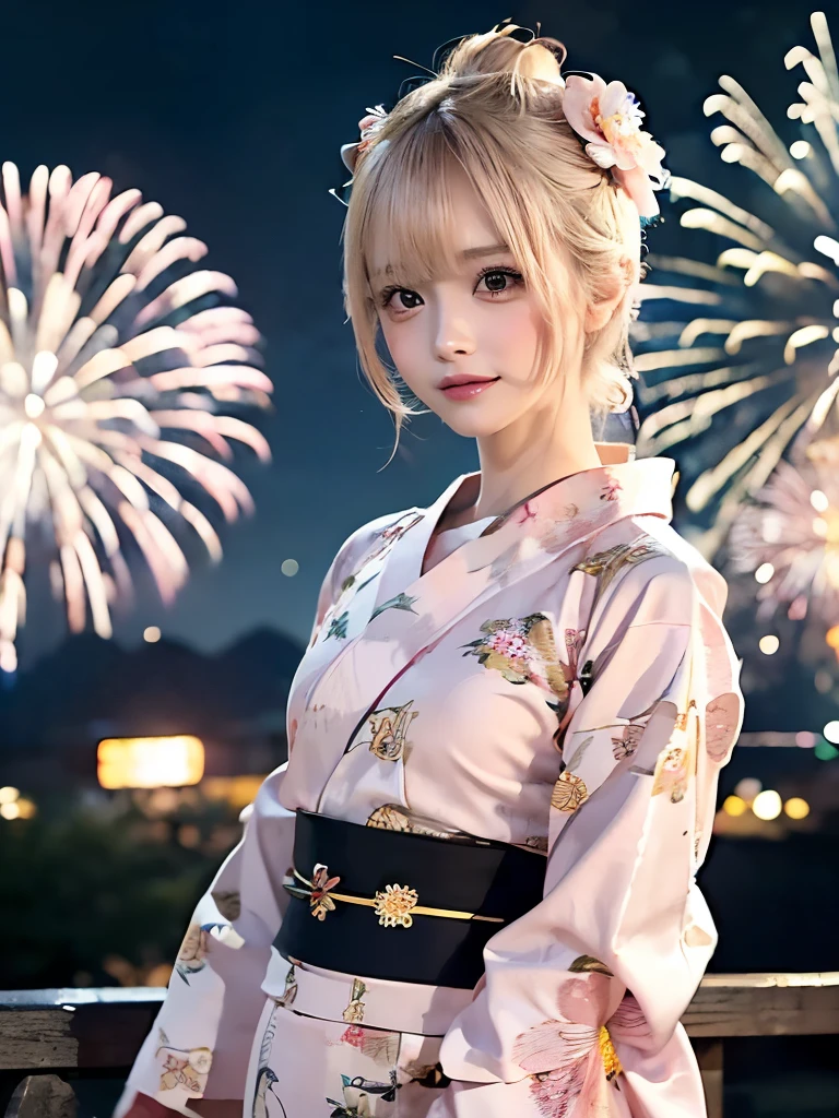 raw photo, 8k, (top-quality), Realistic, (real picture, Intricate details), (natural skin texture, detailed skin, hyper realism, sharpness), (pale skin:1.5), Japanese teenage girl walking in shopping street at night, (sexy floral pink yukata:1.5), slender body, (blonde hair, bun hairstyle, blunt bangs), shy smile, night time, (fireworks:1.5)