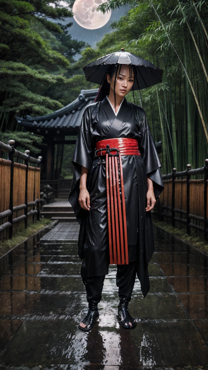 (best quality,ultra-detailed),dark,wet,artificial raindrops falling,ancient Japanese warrior standing in the rain,traditional Japanese bamboo hat(kasa),dense forest scenery,majestic and serene nature,full moon shining brightly in the night sky,black kimono with fluorescent red stripes glistening in the moonlight,sharp and unsheathed samurai sword(katana),