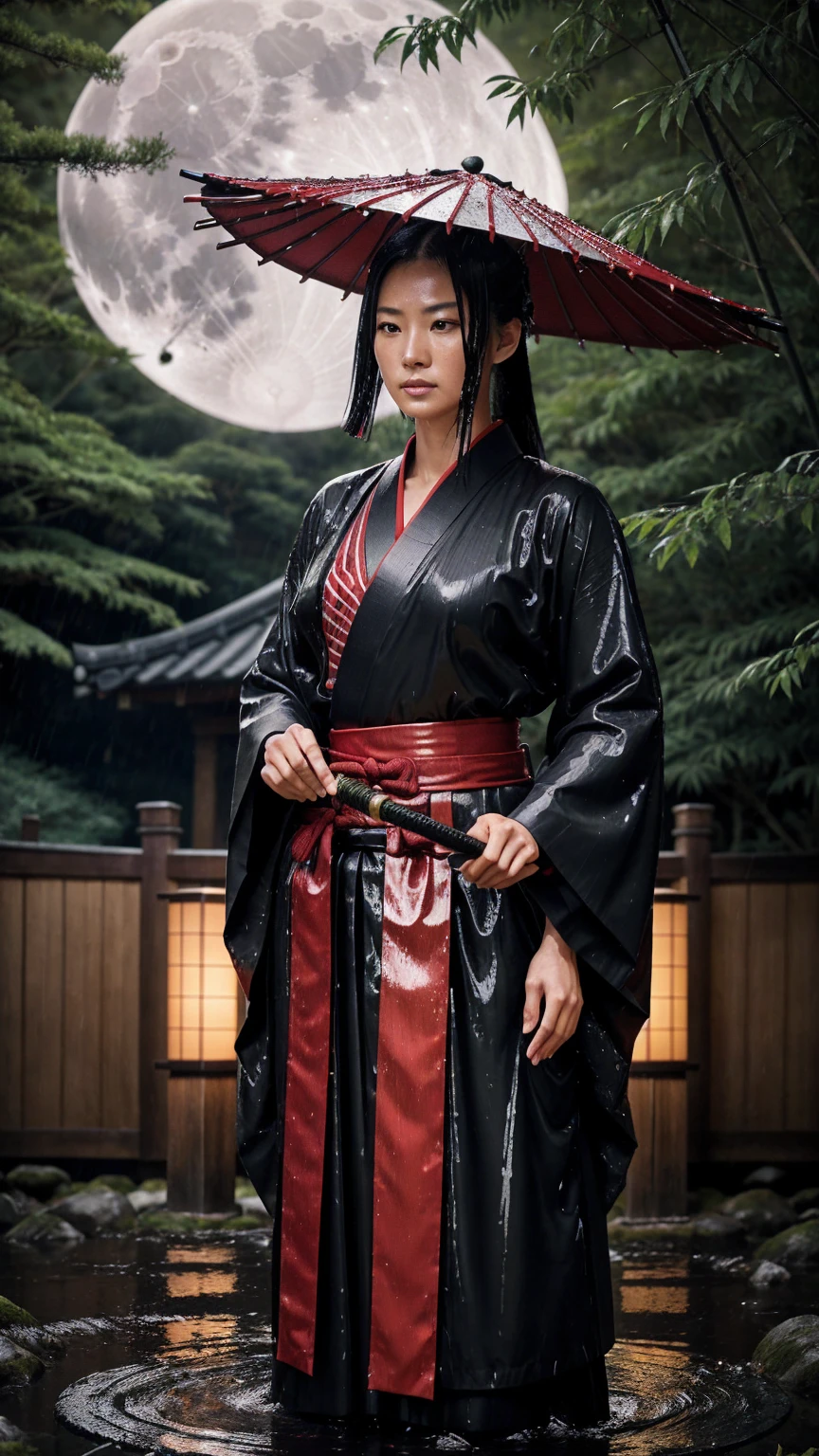 (best quality,ultra-detailed),dark,wet,artificial raindrops falling,ancient Japanese warrior standing in the rain,traditional Japanese bamboo hat(kasa),dense forest scenery,majestic and serene nature,full moon shining brightly in the night sky,black kimono with fluorescent red stripes glistening in the moonlight,sharp and unsheathed samurai sword(katana),