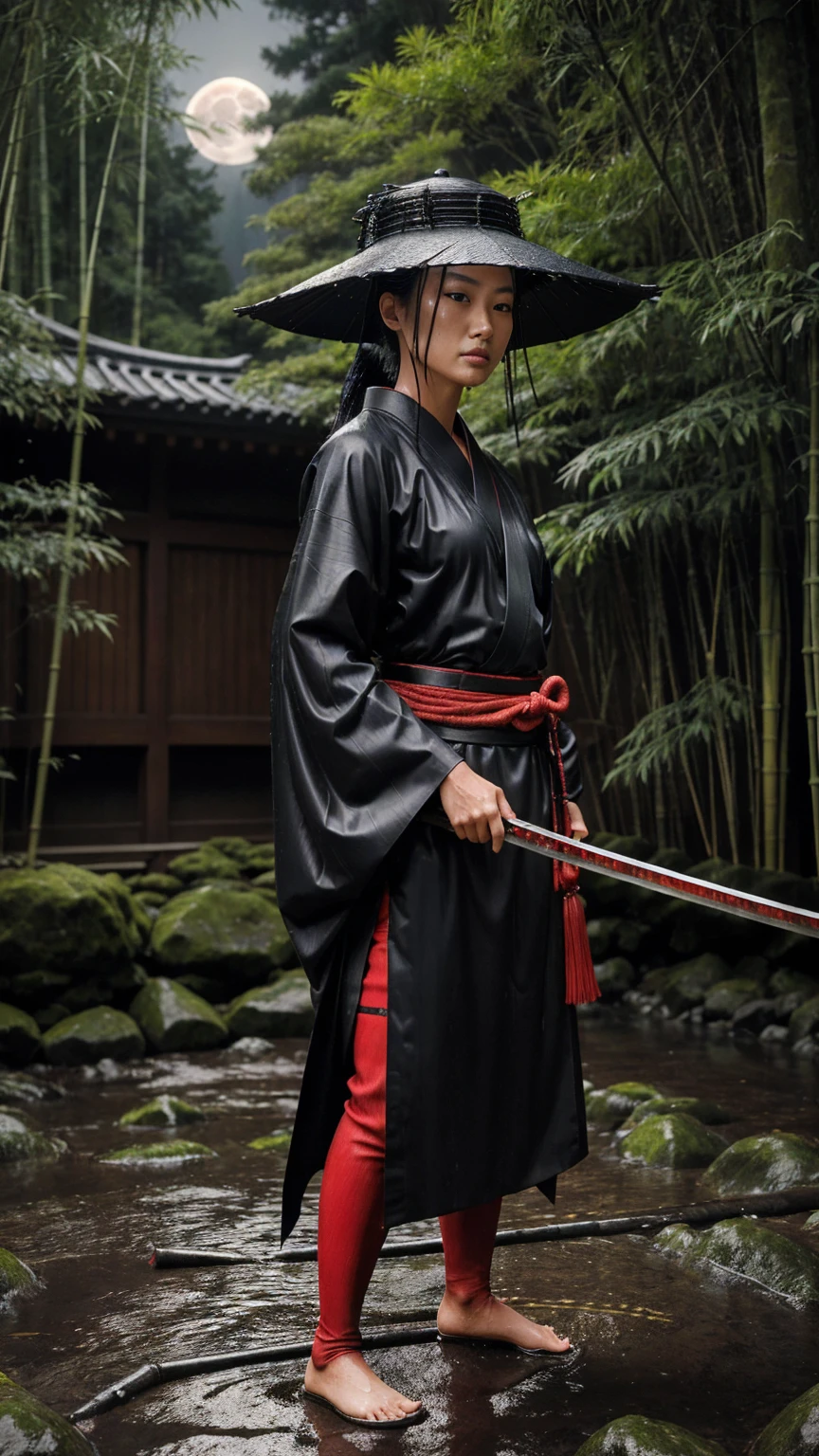 (best quality,ultra-detailed),dark,wet,artificial raindrops falling,ancient Japanese warrior standing in the rain,traditional Japanese bamboo hat(kasa),dense forest scenery,majestic and serene nature,full moon shining brightly in the night sky,black kimono with fluorescent red stripes glistening in the moonlight,sharp and unsheathed samurai sword(katana),