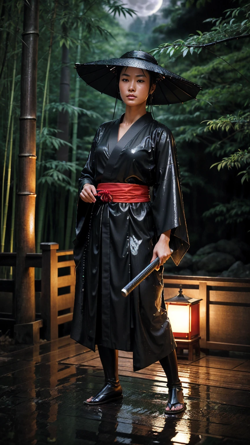 (best quality,ultra-detailed),dark,wet,artificial raindrops falling,ancient Japanese warrior standing in the rain,traditional Japanese bamboo hat(kasa),dense forest scenery,majestic and serene nature,full moon shining brightly in the night sky,black kimono with fluorescent red stripes glistening in the moonlight,sharp and unsheathed samurai sword(katana),