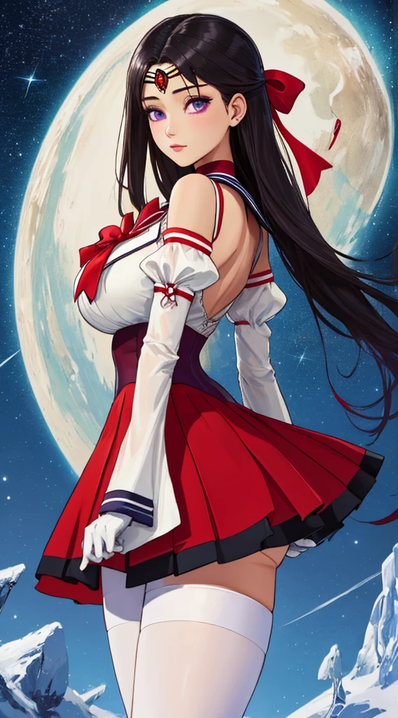 hino_rei, huge_breasts, standing, solo, White_leotard_Red_sailor_collar_Red_miniskirt_White_gloves_Red_high_heels_Star_choker_Purple_bowtie_Red_back_bow_Circlet_Heart_brooch_See-through_sleeves_white_pantyhose_crotch, starry_sky,, masterpiece, best quality, detailed face, detailed eyes, highres,, kkw-ph1,