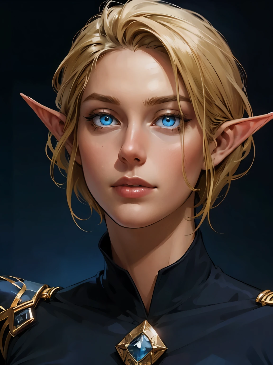 beautiful blond elven woman in her 30s, with blue eyes and striking features, exuding maturity and allure in a seductive pose.(dark-blue background), pointy ears, glowing eyes, beauty, blond long hair,blond short hair ,blond medium hair ,an14