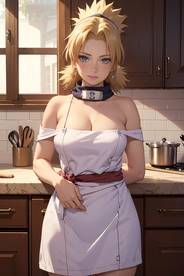 (Temari), ((((masterpiece, best quality, high resolution)))), 1girl, blonde hair, purple eyes, average breasts, blush, light smile, parted lips, glow, thighs, nipple, groin, bare shoulders, collarbone, narrow waist, cleavage, (masterpiece), (beautiful detailed face, beautiful detailed eyes), (naked apron, kitchen, arms behind back,)