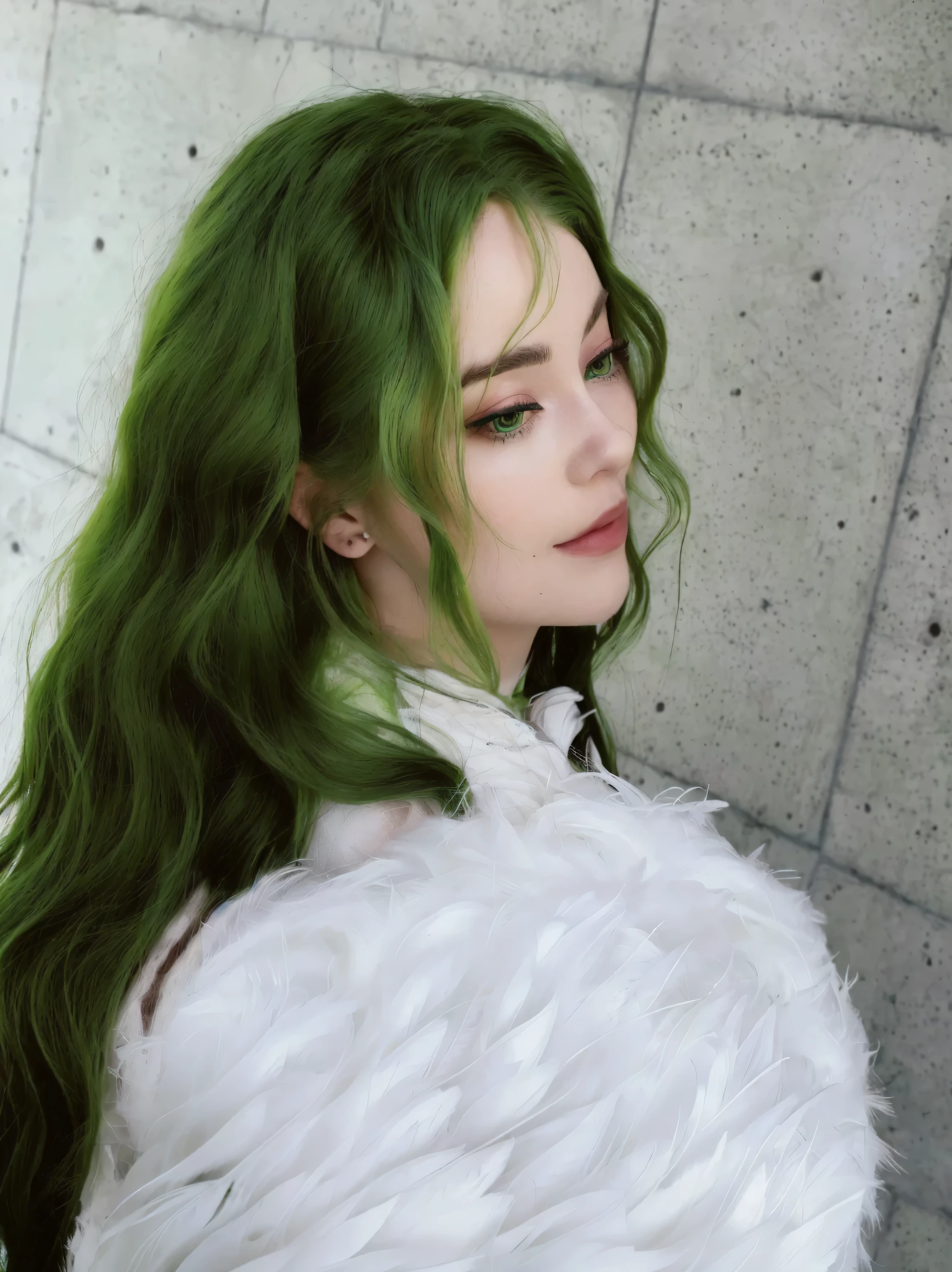 araffe with green hair and white wings in front of a wall, green wavy hair, green flowing hair, long curly green hair, green feathery hair, green mane, green hair, long green hair, billie eilish, overlord billie eilish, dark green leaf hair, green colored skin!!, bright green hair, wig, dark green hair, green fur