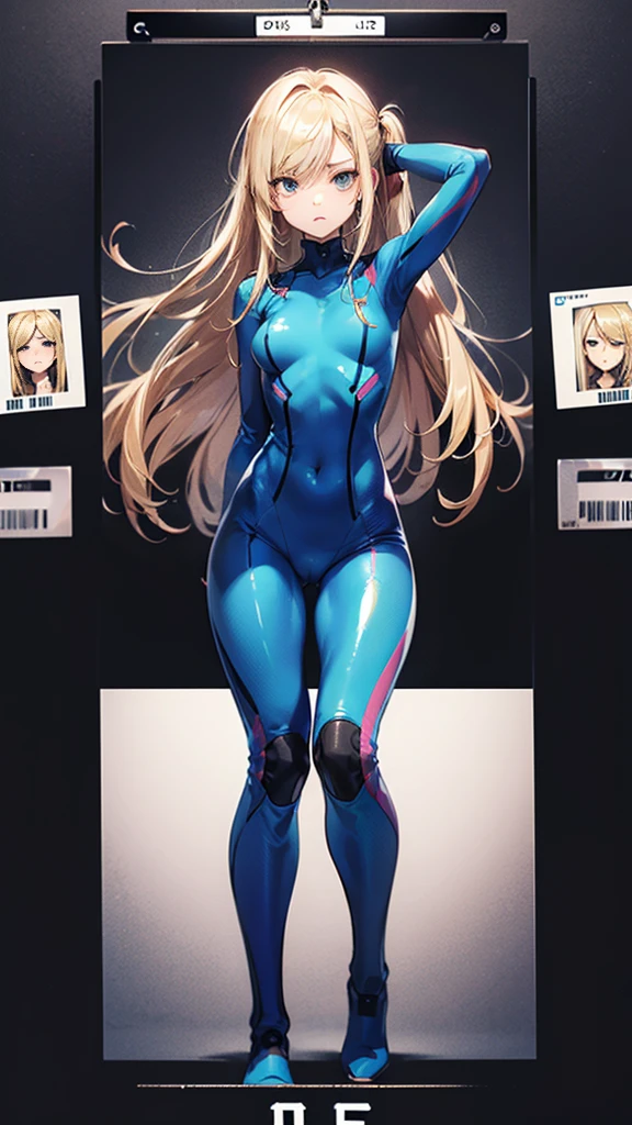 Samus Aran,
Blonde,
Black Eye,
(Semi-long hair:1.7),
(expression:Puzzled),
Squat,
Place your arms on your knees,
((Zero Suit:Shiny)),
(Plain background:grey,1.5),
(composition:ID photo:1.6),
4K,
high quality,
Highest quality,
Delicate shades,
Detailed depiction,
Depict the whole,
Facial Contour,
Perfect body structure,
Perfect skeleton,
Perfectly symmetrical eyes,