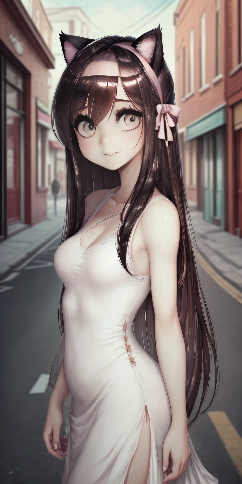 ariawm, accurate snub nose, (very long strand of hair between eyes:1.3), solo, shy smile, very long disheveled brown hair with a dark purple tint, Young girl, perfect brown eyes, expressive eyes, looking at viewer, 8k wallpaper, perfect lighting, masterpiece, (Beautiful small Breasts:1.2), (slender girl), bangs between the eyes, (on the street in small town:1.3), summer day, parororo, realism, dark fantasy style, John Tolkien style, Soft facial features, wearing a headband with cat ears, dreamy Girl, plump dark pink lips, Engriberts eyebrows, looking at away, in a short silk fitted dress with a large cutout on the chest, pudr3ss, full body shot, sext girl