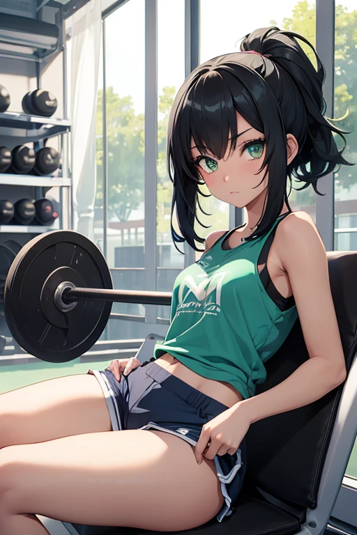 make an anime girl with green eyes, black hair and light, smooth skin, with a gym set, wearing blue shorts and a cut-off blue shirt, This girl is sitting from exhaustion in a very comfortable pose. But striking