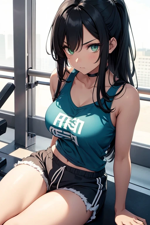 make an anime girl with green eyes, black hair and light, smooth skin, with a gym set, wearing blue shorts and a cut-off blue shirt, This girl is sitting from exhaustion in a very comfortable pose. But striking