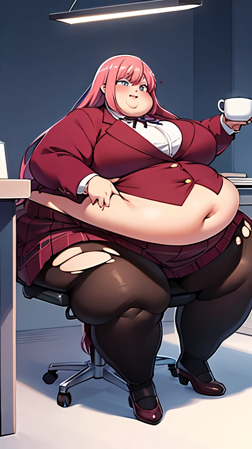 very obese Woman, bright pink hair, extremely long hair, wearing a office suit, dark red suit, tight clothes, ripped tights, holding a large bag of chips, wearing a large l skirt, ripped, very fat face, double chin, holding a mug, sitting on a massive office chair, hanging belly, big breasts, saggy breasts, saggy belly