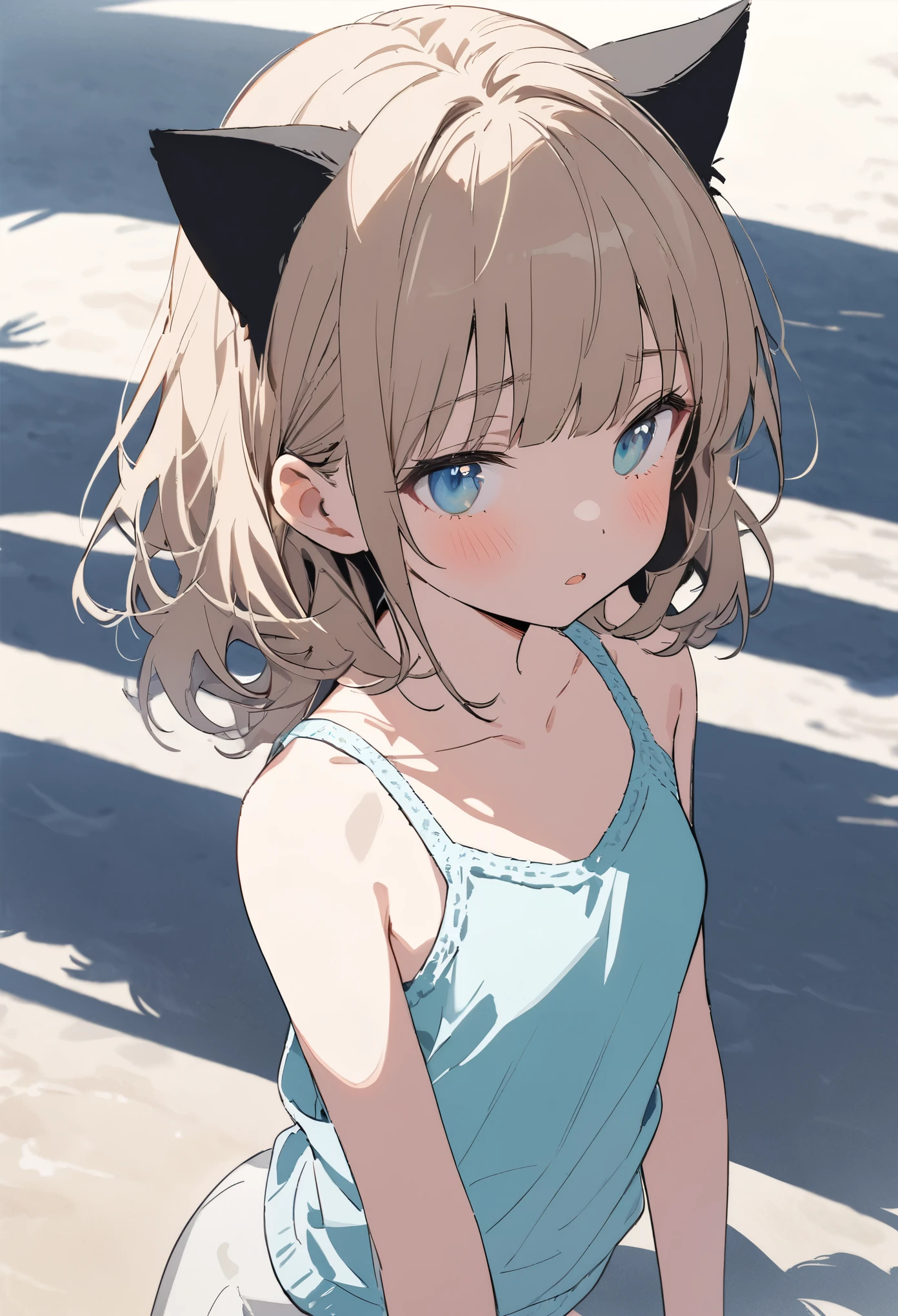 ((Masterpiece)), ((best quality)), ((kawaii)), (flat color), (flat shading), (super detail:1.2),(High Definition:1.3), (Professional Photography:1.2), (very aesthetic:1.2), (absurdres:1.2), (wide shot), (sharp focus), (perfect light), (drop shadow), ((1girl)), ((12 years old)), Glossy skin, cinematic lighting, 1girl, (Knit fabric tank top), (Cute innocent teenage girl), slendar body, small breast, glossy medium hair, (loose blunt bangs), (droplet mouth), ((weary eyes)), beautiful collarbones, (slightly exposed shoulders), (put on Cat ears), pale brown hair, Hair that flutters in the wind, BREAK, ((best quality)), ((extremely detailed)), Spread arms wide, (Relaxing on the Zanzibar Island), ((Seaside Resorts)), sunnyday, Silhouette of palm tree,