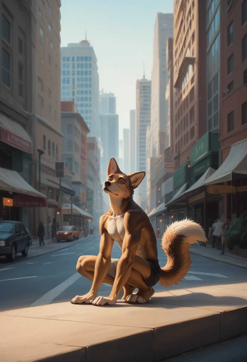 Solo, male, furry art, fursona, ((canine)), (((brown primary fur))), white secondary, (perky ears), cool pose, city background, amazing art, masterfully executed, beautiful background, normal body, paws, gay, male, boy. Not much visible