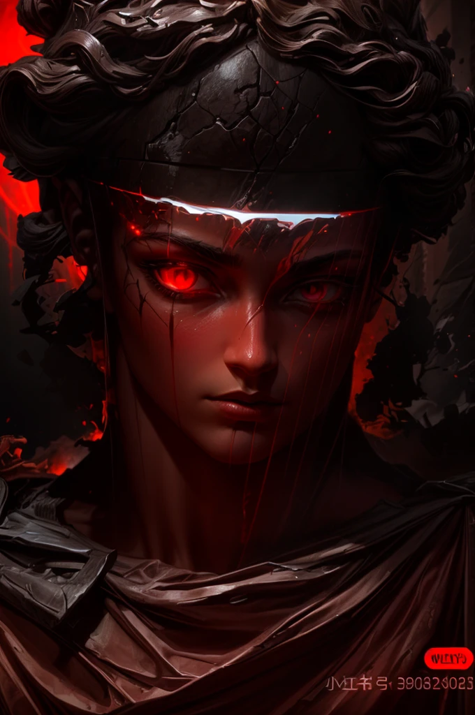 head of the statue of David, Dark, futuristic David statue, red glowing eyes, digital art , ((best quality)), ((masterpiece)), (detailed), A red face of an ancient Greek statue, with only the eyes visible and long hair covering its head. The background is black. A dark red light shines on the top left corne
