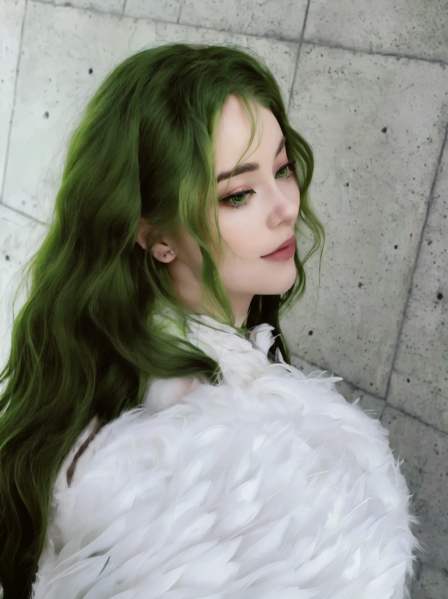 araffe with green hair and white wings in front of a wall, green wavy hair, green flowing hair, long curly green hair, green feathery hair, green mane, green hair, long green hair, billie eilish, overlord billie eilish, dark green leaf hair, green colored skin!!, bright green hair, wig, dark green hair, green fur