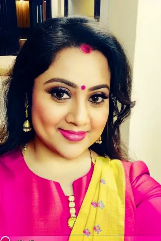 Instagram photo, 45 years old woman deepa,Full pic, wearing yellow Cotton saree, selfie taken on iphone 15, slight smile, smile to camera