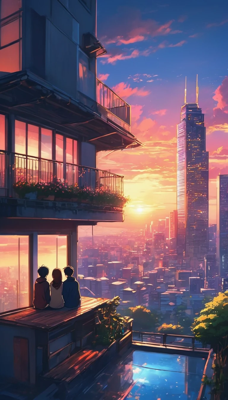 anime couple sitting on a balcony watching the sunset, watching the sun set. anime, lofi artstyle, anime background art, anime style cityscape, beautiful anime scene, lofi art, in style of makoto shinkai, 4 k manga wallpaper, makoto shinkai cyril rolando, hd anime cityscape, ilya kuvshinov landscape, 4k anime wallpaper