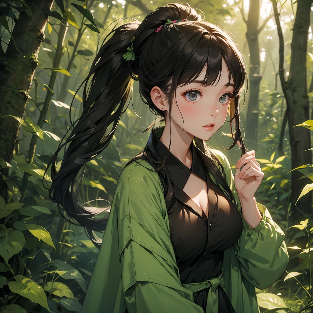 A girl camouflaged in the forest at dusk。Big Breasts、Up ponytail、Highest quality、Masterpiece、Accurately depict the body structure、High angle。