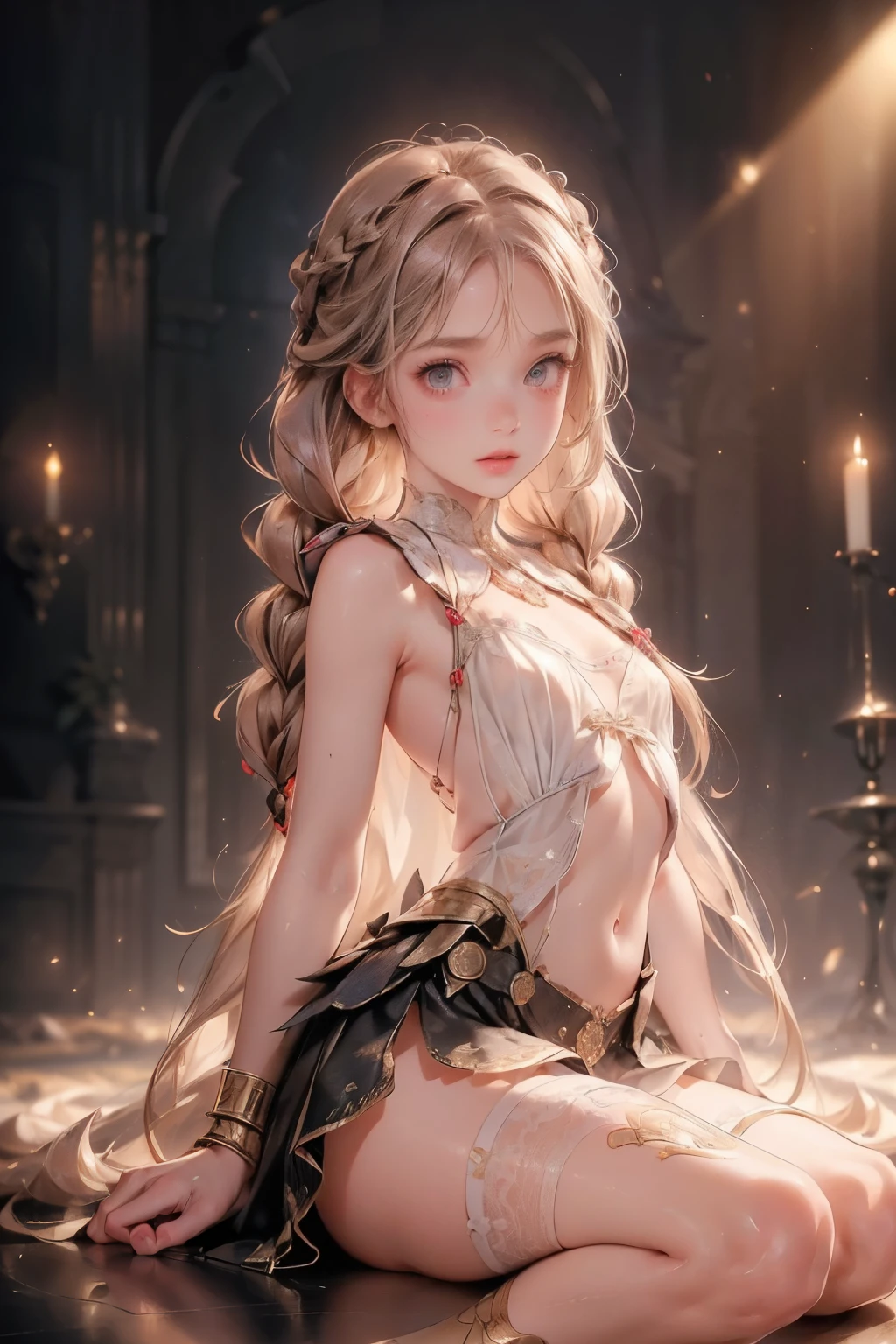 ((best quality)), ((masterpiece)), (detailed), 1girl, (big forhead:1.2),extremely detailed cute anime face, (((flat chest))), (flat chest:1.1),((((long twin braids,tight braids,long braid,braided hair,long hair)))),intricate eyes,beautiful detailed eyes,symmetrical eyes,(((detailed face))),beautiful detailed lips, dynamic pose, looking at this, resolved, resolute, highres,(best quality),(ultra detailed,extremely detailed),perfect face details, ((masterpiece:1.4, best quality))+, (ultra detailed)+, long twintails, cute girl, (flat chest:1.1), small breasts, slim body, skinny, prominent collarbones, skinny arms, flat stomach, visible hip bones, long hair, red hair, white hair, blonde hair, dark hair, ponytail, thick ponytail, heavy ponytail, small breasts, perfect face, small breasts (flat chest:1.1),  Detailed body，Full limbs, (flat chest:1.1), a knight, Bloodborne inspired, Bloodborne, occult aesthetic, occult, NSFW, Complex mechanical cyborg girl, Skeleton body, red and white clothing detailed and intricate steampunk and detailed gothic lolita (with a hood), NSFW, diadems, very thin long legs, Complex mechanical boots above the knee, Fluttering lace flared mini skirt, beautiful small breasts, (((( Highly detailed face))), small thin nose, Small thin lips mouth, (((Very sharp focused eyes))), Very large slit precision pale grey eyes that shine like jewels. very long eyelashes, Silver hair swaying in the wind, Emitting a dazzling light in a mandala pattern, Very dramatic and cinematic lighting, red and white clothing, full body, whole body, body